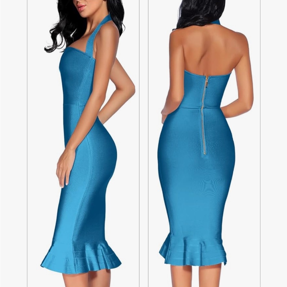🖤 Houstil Blue Halter Fishtail Bodycon Dress - Size: Large